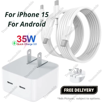 For Android iPhone 15 Pro iPad 35W Dual Type-C Fast Charger Block PD USB-C Cord — 第 1/4 张图片