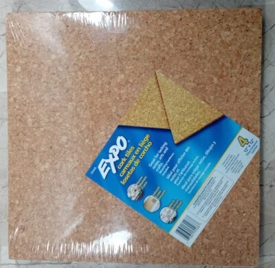 EXPO Cork Tiles 4 pack 12" x 12" x 1/8" thick Bulletin Board Notes Arts Crafts - Image 1 of 4