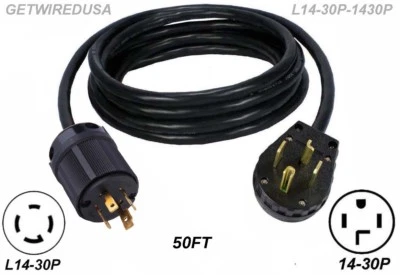 GETWIREDUSA 50FT 14-30P DRYER L14-30P GENERATOR 4-PIN GENERATOR BACK-FEED PLUG ADAPTER 50'