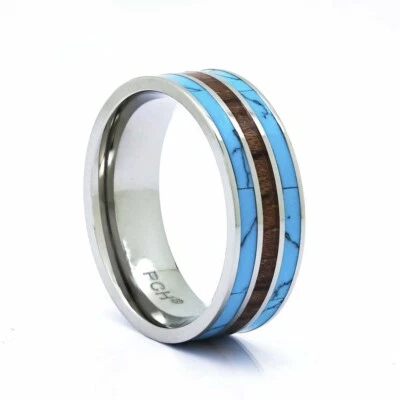 Anillo de titanio con incrustaciones de madera turquesa y koa, alianza de boda de ajuste cómodo de 8 mm Foto 1 de 4