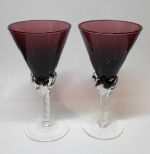 Pair Vintage AMETHYST & CLEAR GLASS CORDIALS Twist Pattern Stems 4.25" Tall - Picture 1 of 6