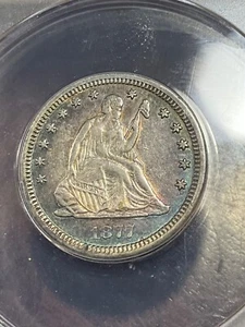 ANACS AU50 1877 CC SEATED QUARTER SCARCE DATE BEAUTIFUL COLOR - Picture 1 of 6