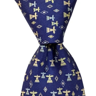 PINEDA COVALIN Men's Silk Necktie MEXICO Luxury HUICHOL EAGLE Blue/Yellow EUC - Image 1 of 3