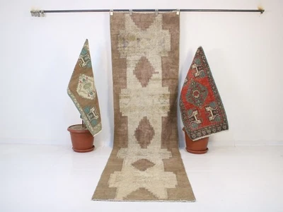Vintage Hand Knotted Extra Long Runner Rug Brown Beige Geometric Tribal 3x10 ft - image 1 of 4