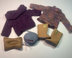 American Girl Doll Clothes Lot Purple Sweater Boots 2 Pillows Turtle Neck Top - Picture 1 of 13
