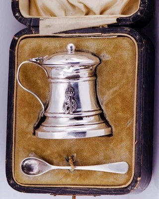 Porte-Caviar/Moutarde En Argent Fabergé Russe En Cristal Cobalt Bleu Et Cuillère - Photo 1/4