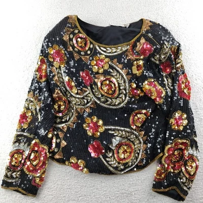 Blusa Vintage Seda Lentejuelas Talla XL Dorada Negra Forrada Manga Larga Foto 1 de 4