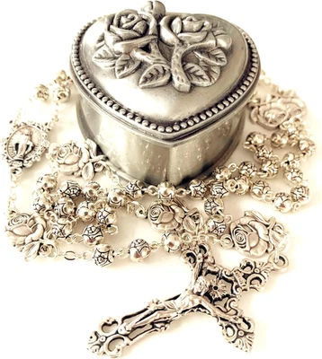 HANDMADE Silver Rose Beads Catholic 5 DECADE Rosary Case Cross Gift Box Italy Cr - Image 1 of 4