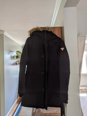 Guess Men's Black Front-Zip Logo Faux Fur Hooded Parka Coat Jacket Size S Small - Image 1 of 3