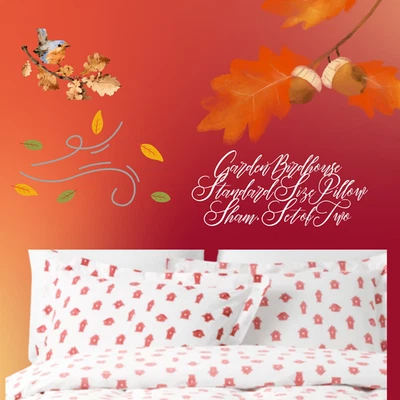 Garnet Hill Standard Size Pillow Shams Set of 2, Garden Birdhouses Orange White - Image 1 of 4