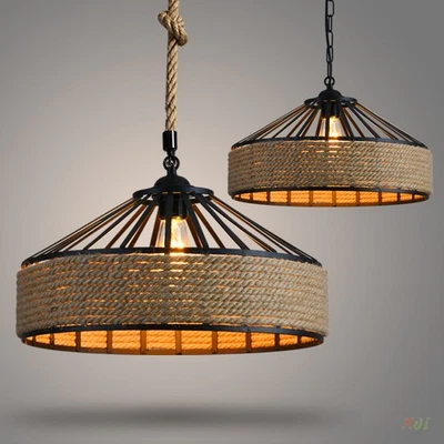 Retro Hemp Rope Pendant Lamp LED Restaurant Chandelier Shop Ceiling Lights - Image 1 of 4