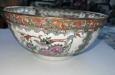 Antigua ensaladera ponche grande de porcelana medallón rosa china Famille Foto 1 de 4