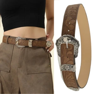 Brown Embossed PU Leather Waist Belt Metal Carved Buckle Fashion Simple Retro - Picture 1 of 12