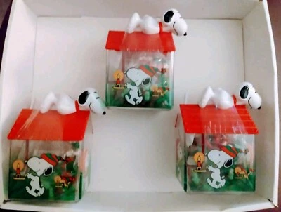 3 Peanuts 50th Christmas Snoopy Scoop Candy Doghouse Plastic 3" Container New - Image 1 of 4