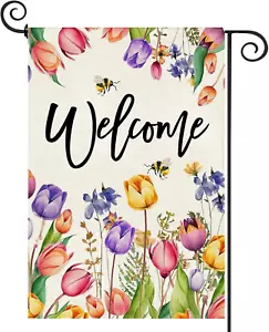 Spring Summer Easter Tulip Welcome Garden Flag Double Sided Bee Colorful Floral - Picture 1 of 12