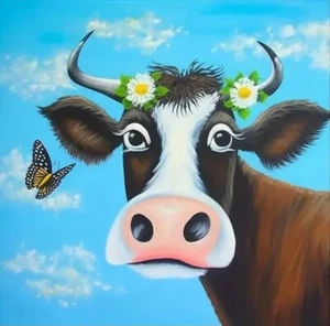 5D Diamond Painting Kit 20X20cm Cow with Daisy Wreath and Butterfly - Picture 1 of 4