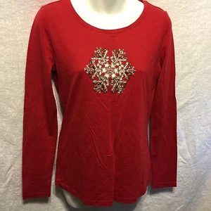 Charter Club Snowflake Red Long Sleeve T-Shirt Top Sz M Embellished Beads - Picture 1 of 3