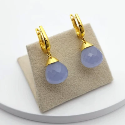 Blue Chalcedony Earrings Smooth Teardrops Gold fill 925 Sterling Silver - Image 1 of 4