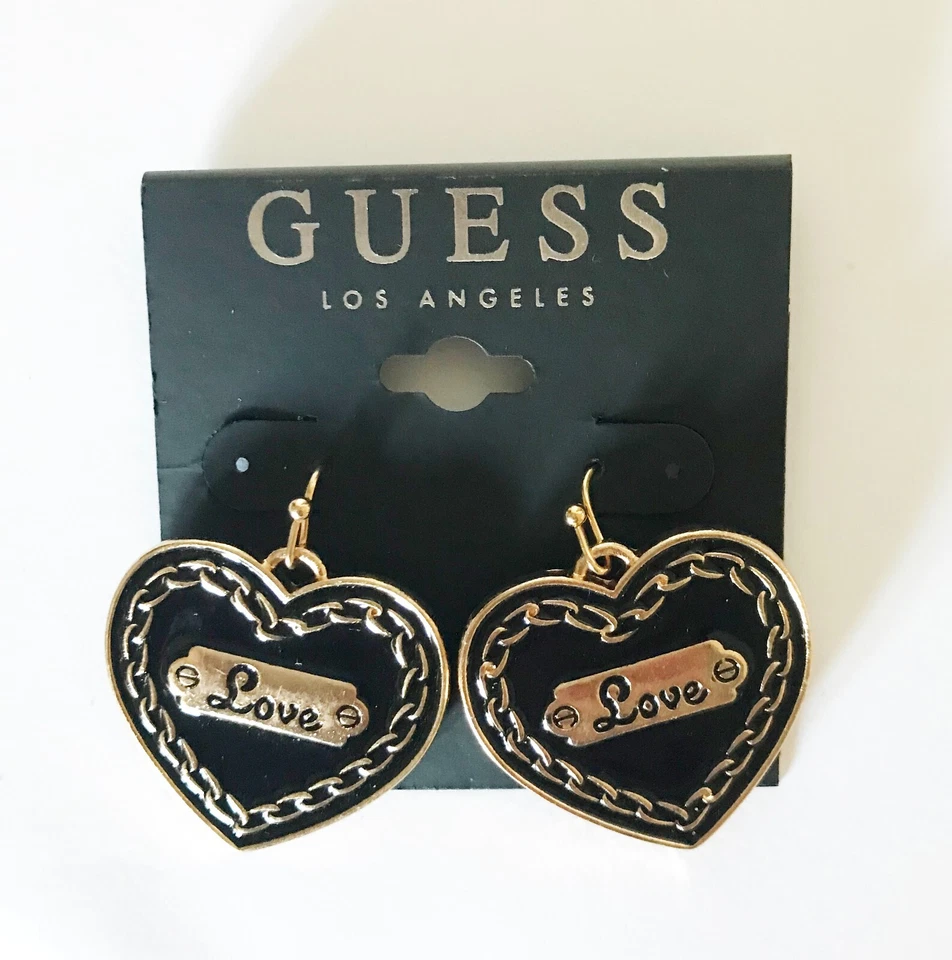 Pendientes Guess Heart Love enchapados en oro esmalte negro Foto 1 de 2