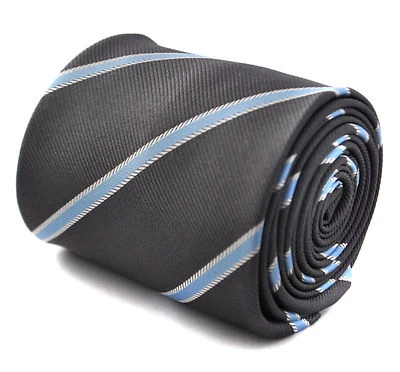 Corbata de diseñador Frederick Thomas para hombre - gris plateado y azul claro - rayas Repp Foto 1 de 4