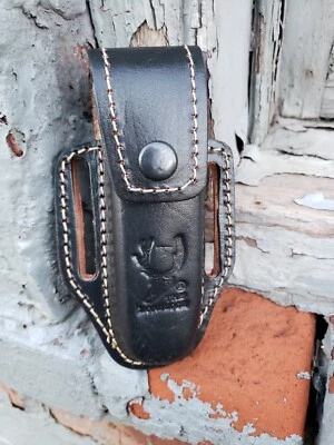 5" Black Slip Thru Leather Sheath Belt Knife Holder Pocket Folding Spring Knife - Image 1 of 4