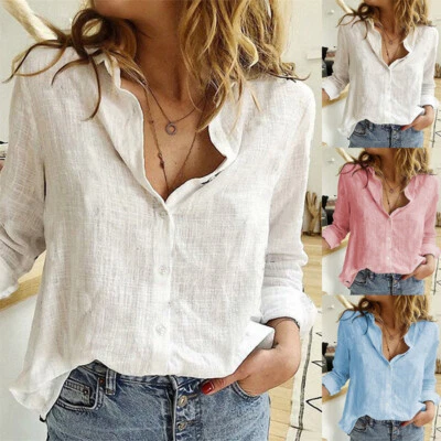 Women Cotton Linen Plain Blouse Tops Ladies Baggy Long Sleeve T-Shirt Office Top - Image 1 of 4