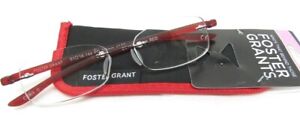 Foster Grant Rimless Reading Glasses w. Case ARCHIE RED 51/16-144 Choose Diopter