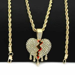 Iced Gold Plated Drip Broken Heart Pendant & 24" Rope Hip Hop Men Women Necklace - Picture 1 of 4