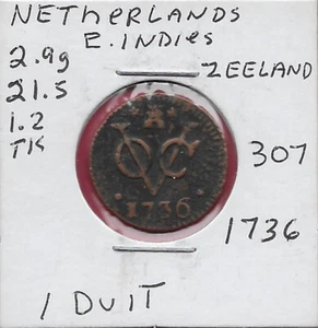 NETHERLANDS EAST INDIES,ZEELAND 1 DUIT .1736. CROWNED ARMS,SHIELD POINTED AT BOT - Picture 1 of 2