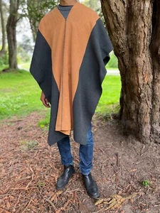 Handwoven Unisex Cotton Poncho Oaxaca Mexico Gray/Ochre - Picture 1 of 3