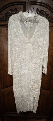 Vintage Ivory Silk Emboidered Beaded Sequin Formal Gown/Wedding Dress-L-India - Image 1 of 4