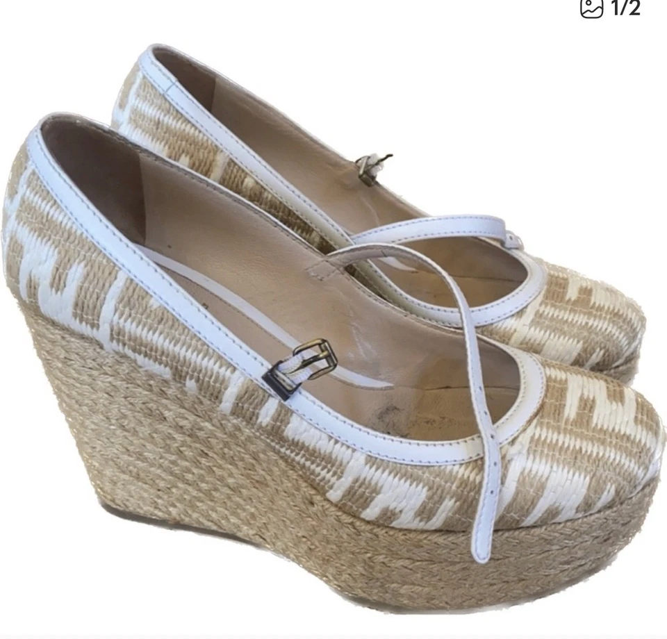 Auténtica Alpargata FENDI Zeppa Plataforma Cuña Mary Jane Natural Talla 38,5 EUR Foto 1 de 2