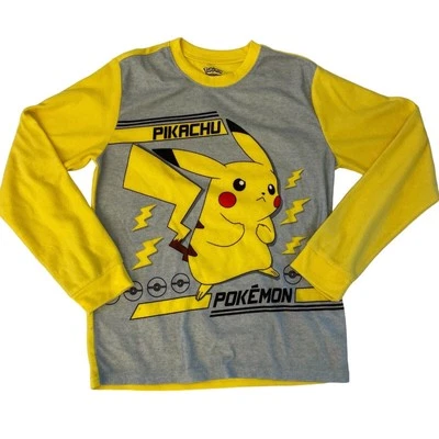 Pokemon Pikachu Yellow Gray Long Sleeve Fleece Shirt Boys 14 Girls 16 Soft Warm - Image 1 of 4