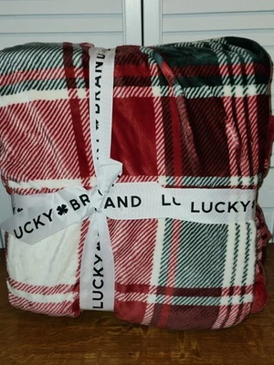 Lucky Brand Red/Green/White Plush Throw Blanket King Size 108"x90" NEW Holiday  - Image 1 of 4