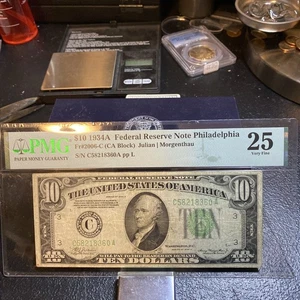 💎 1934 A $10 Federal Reserve Note, Philadelphia PMG 25 Very Fine - Picture 1 of 6