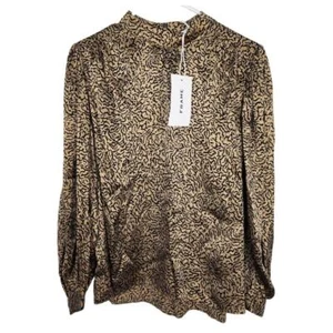 FRAME Silk Shirred Mock Neck Relaxed Blouse Tan Black M Girlboss Career Preppy - Picture 1 of 9