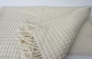 The Company Store Throw Blanket Ivory Waffle Texture Fringe Lambswool 52"x62" - Picture 1 of 5