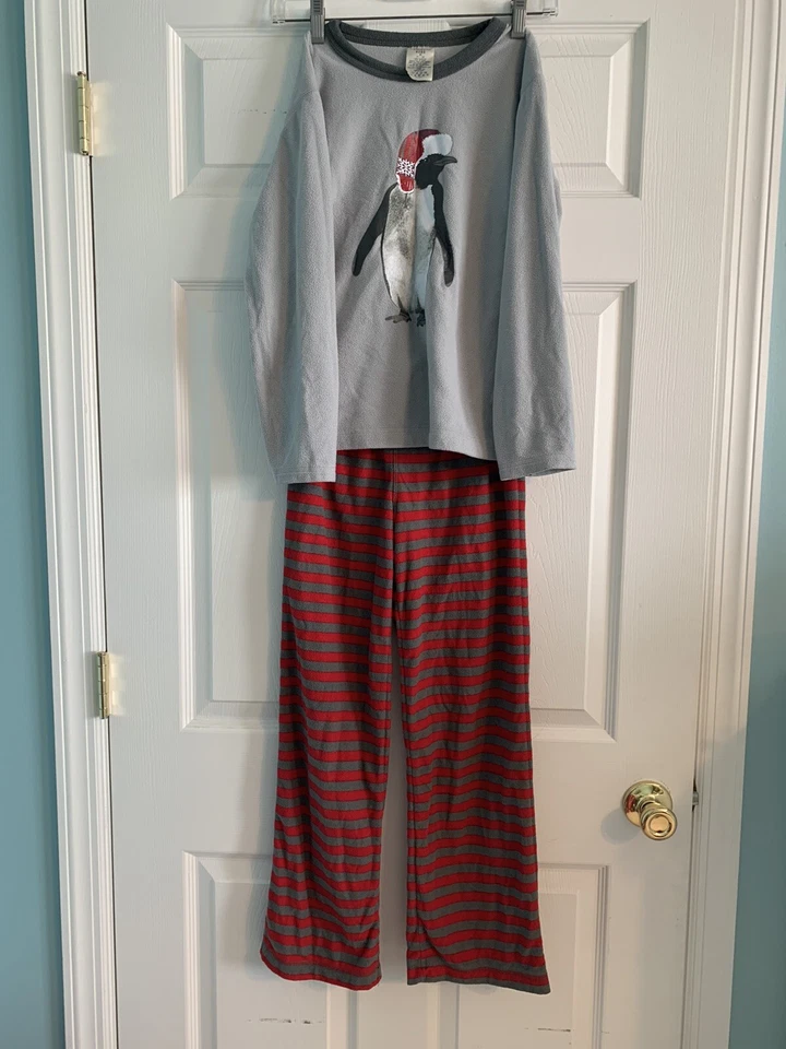 Lands End Kids Gray And Red Penguin Sleepwear Set Size M (10-12) — 第 1/1 张图片