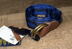 Polo Ralph Lauren Men's Blue Striped Double D-Ring Canvas Leather Belt-Sz S - Picture 1 of 3