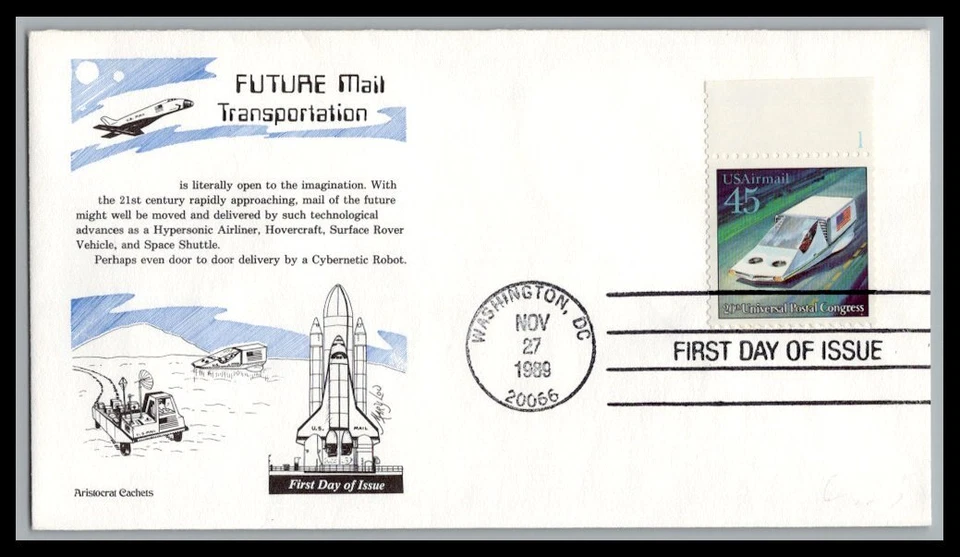 US FDC # C123 45c Futuristic Mail Delivery Aristocrats Hover Car  1989, 9p3983 - Image 1 of 1