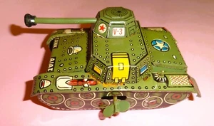 Vtg GREECE AIAS V-3 GREEK TIN LITHO CLOCKWORK ARMY MILITARY TANK 1960's WORKS! - Picture 1 of 10