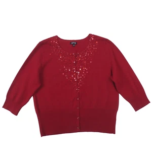 Apt 9 Cardigan Sweater Womens L Red Metallic Sequin Beaded Button Up 3/4 Sleeve - Picture 1 of 10
