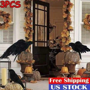 3PC Halloween Crow Prop Large Realistic Raven Feathered Spooky Party Home Decor - Picture 1 of 12