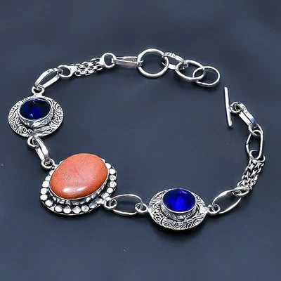 Brazalete Joyería Piedra Solar Roja, Topacio Azul Hecho a Mano Piedras Preciosas 7-8" u346 Foto 1 de 3