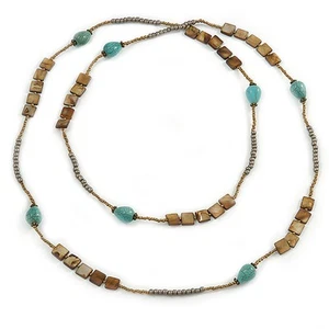 Long Turquoise Stone, Shell Nugget/ Glass Bead Necklace - 130cm L - Picture 1 of 4