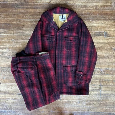 VTG Woolrich Wool Suit 2 Pc Set Red Black Plaid Hunting Coat Jacket 40 /Pants 38 - Image 1 of 4