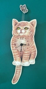Tabby Kitty Cat Wall Clock with Swaying Eyes and Tail Watching Butterfly Fly - Picture 1 of 6