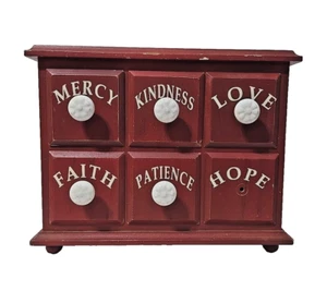 Red Wooden Storage Box 6 Drawers Mercy Kindness Love Faith Patience Hope - Picture 1 of 11