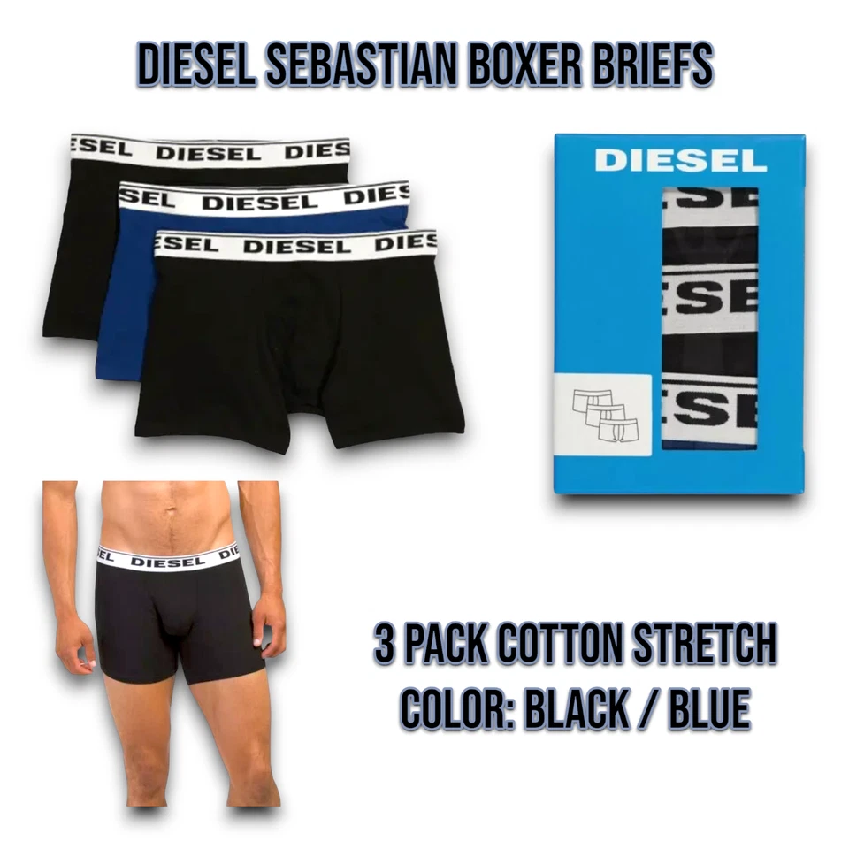 Diesel Sebastian Boxer Briefs 3 Pack Stretch Cotton Black Blue Men's Large A4
