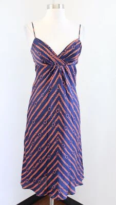 Nuevo con etiquetas Vestido Shoshanna Azul Marino Naranja Estampado de Eslabones de Seda Cuello en V Sin Mangas Talla 2 Foto 1 de 4